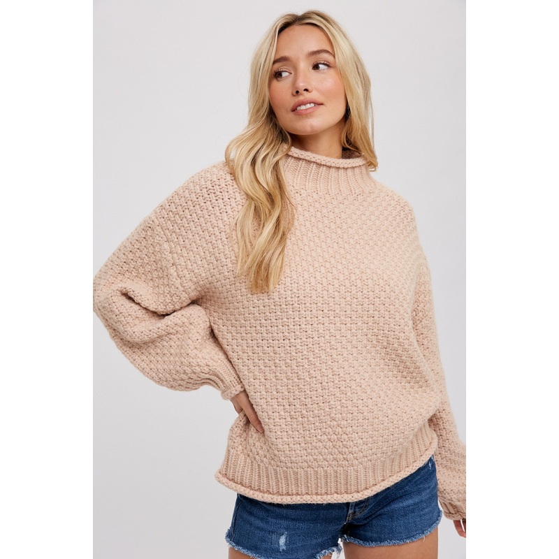 Beige Chunky Knit Mock Neck Sweater
