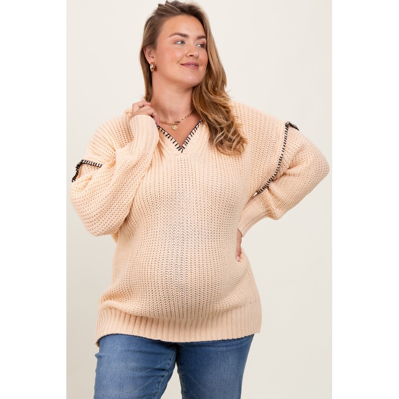 Beige Contrast Stitch Hooded Maternity Plus Sweater