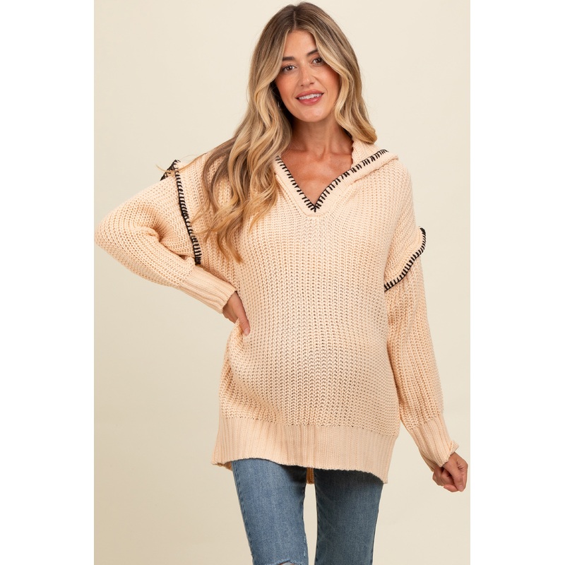 Beige Contrast Stitch Hooded Maternity Sweater