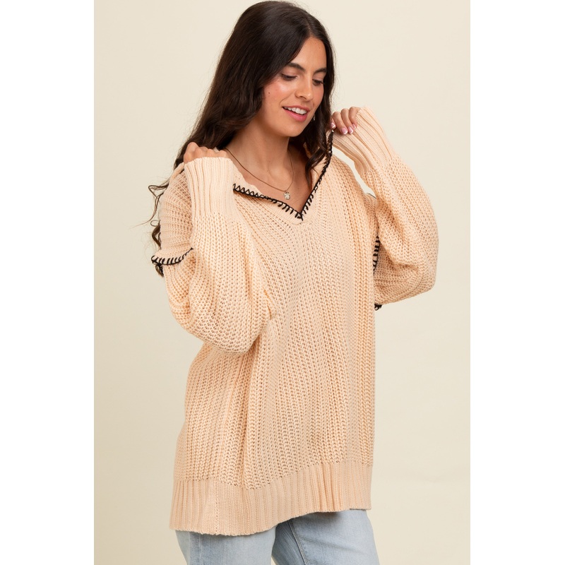Beige Contrast Stitch Hooded Sweater