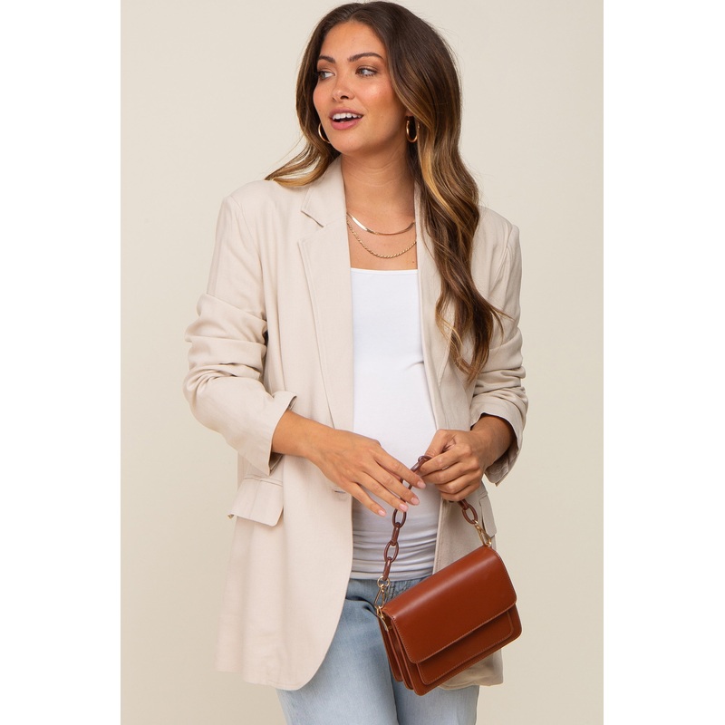 Beige Linen Front Pocket Maternity Blazer