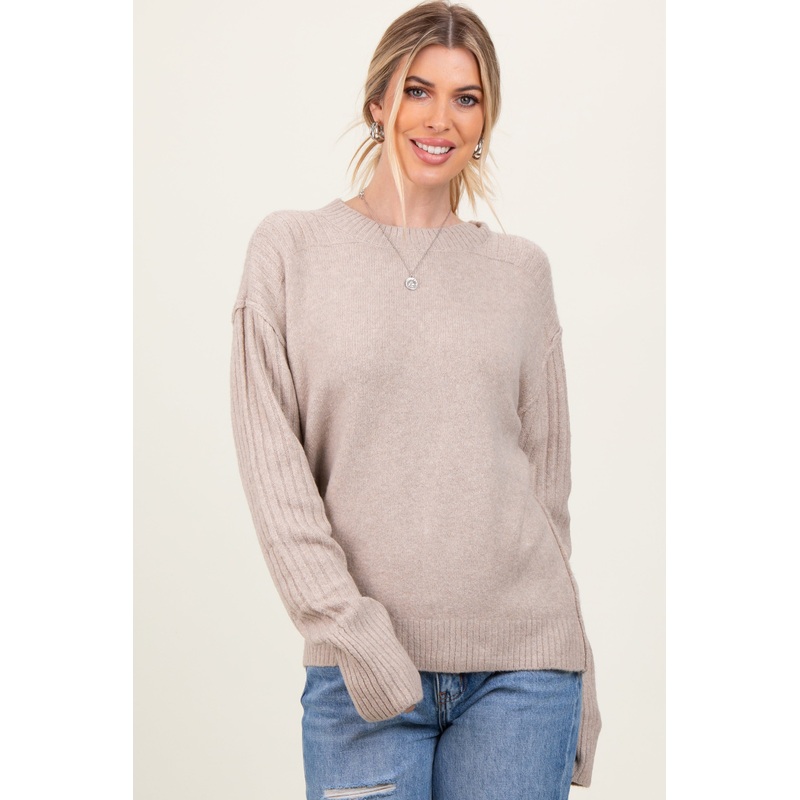 Beige Long Sleeve Raised Seam Sweater