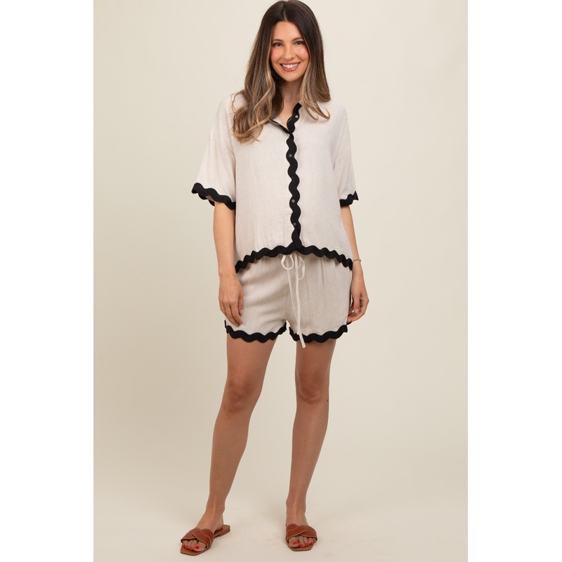 Beige Ric Rac Trim Detailed Shirt and Shorts Maternity Set