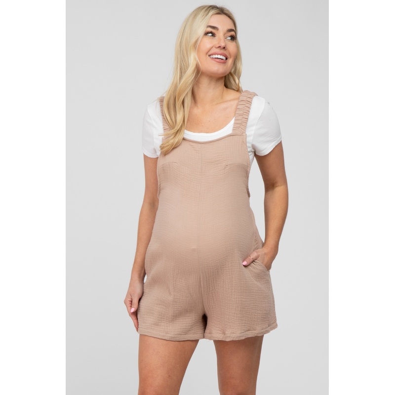 Beige Square Neck Elastic Strap Maternity Romper