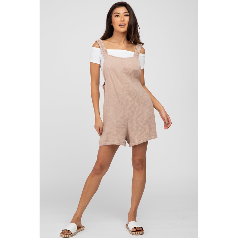 Beige Square Neck Elastic Strap Romper