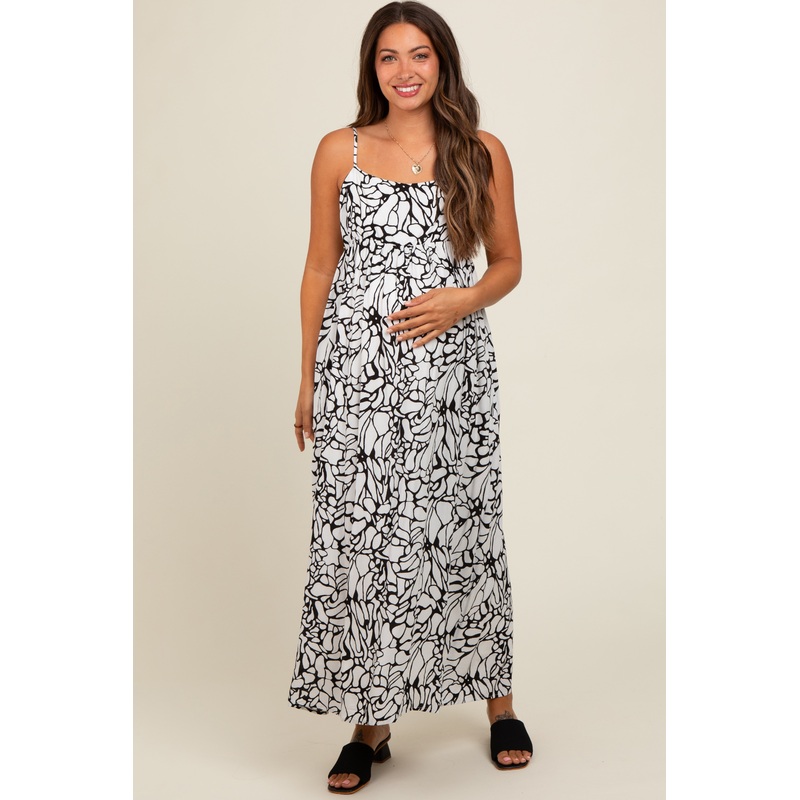 Black Abstract Floral Print Maternity Midi Dress