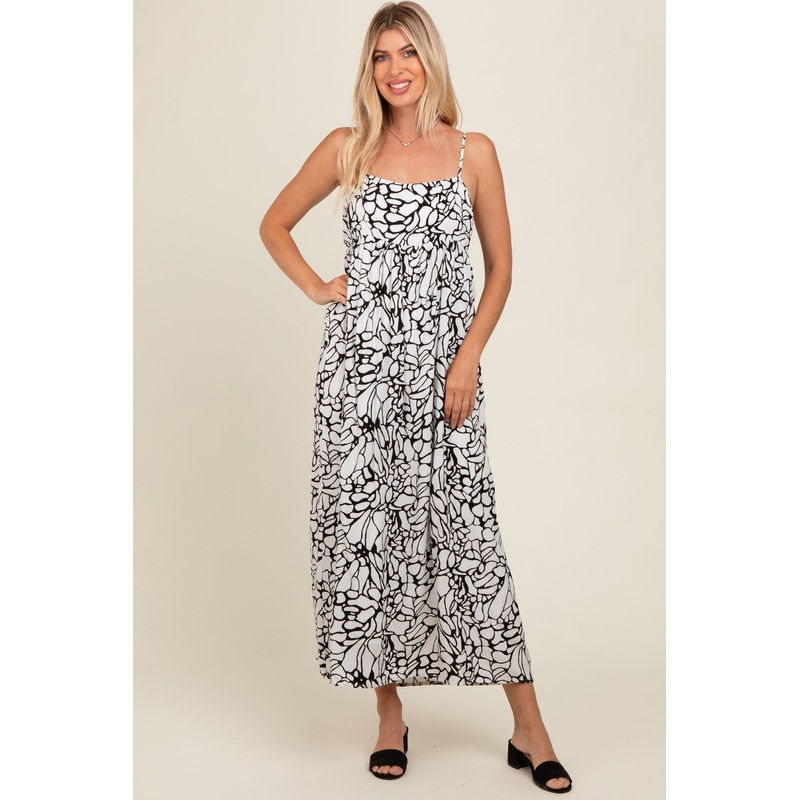 Black Abstract Floral Print Midi Dress