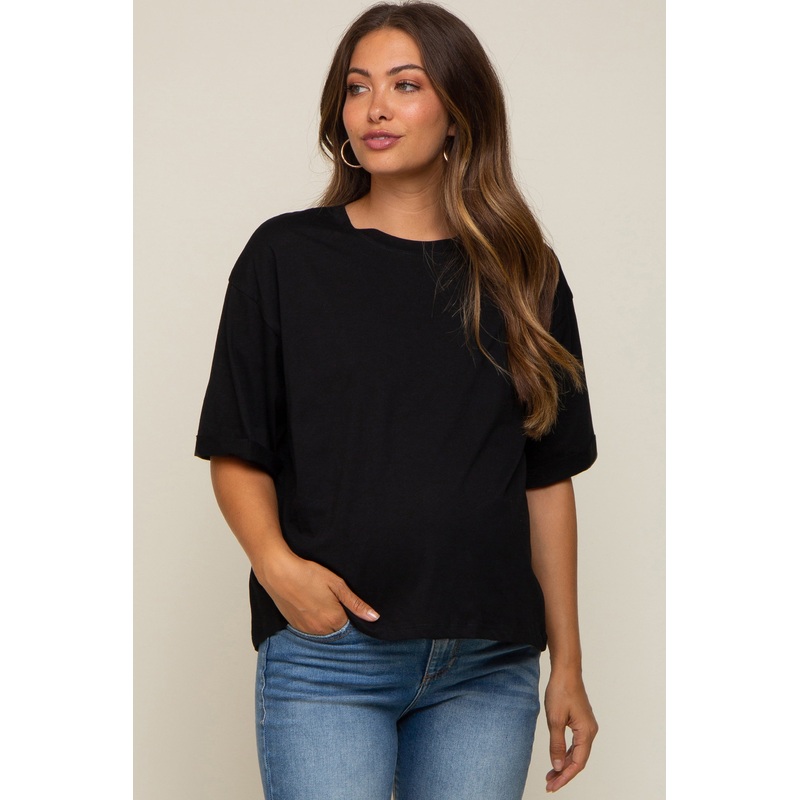 Black Basic Rolled Short Sleeve Maternity T-Shirt