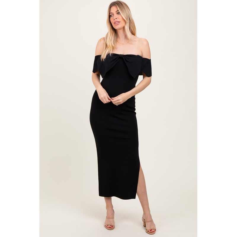 Black Bow Detail Off Shoulder Side Slit Midi Dress