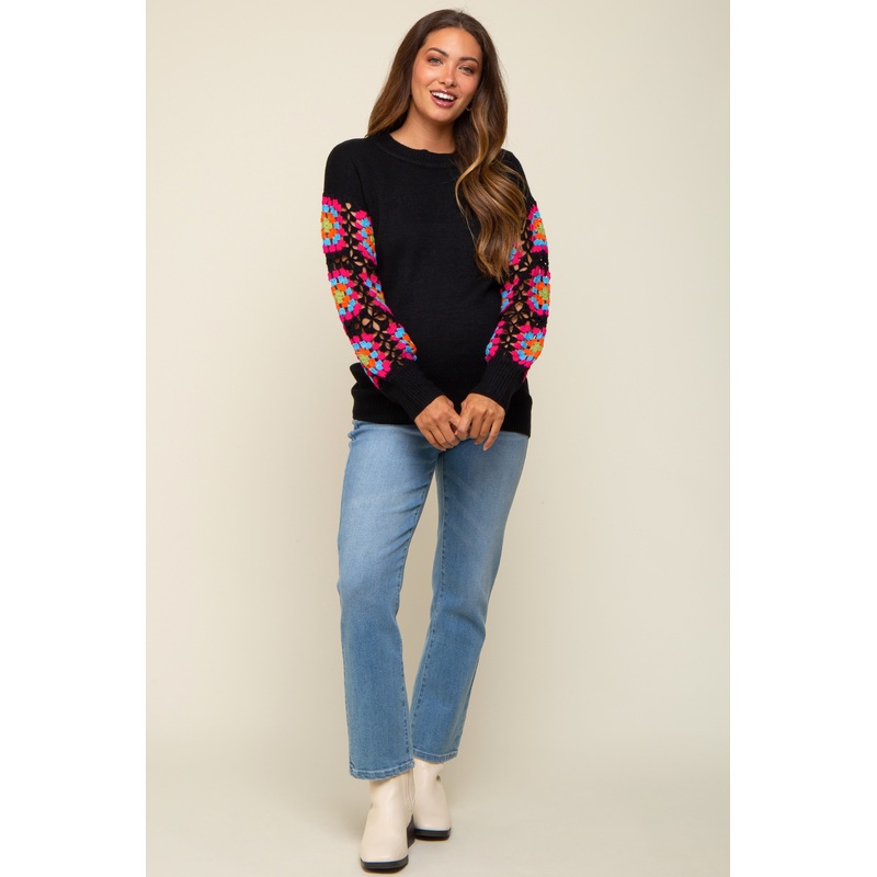 Black Crochet Sleeve Maternity Sweater