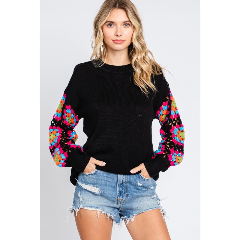 Black Crochet Sleeve Sweater