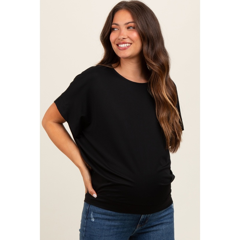 Black Round Neck Dolman Sleeve Maternity Top