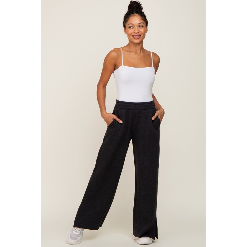 Black Soft Wide Leg Side Slit Sweatpants