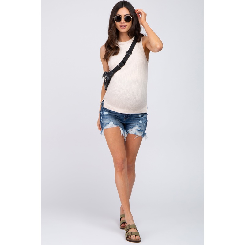 Blue Distressed Frayed Hem Plus Maternity Shorts