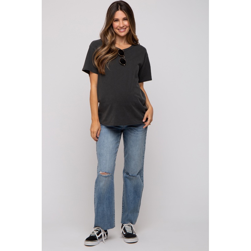 Blue Distressed Knee Straight Maternity Jeans