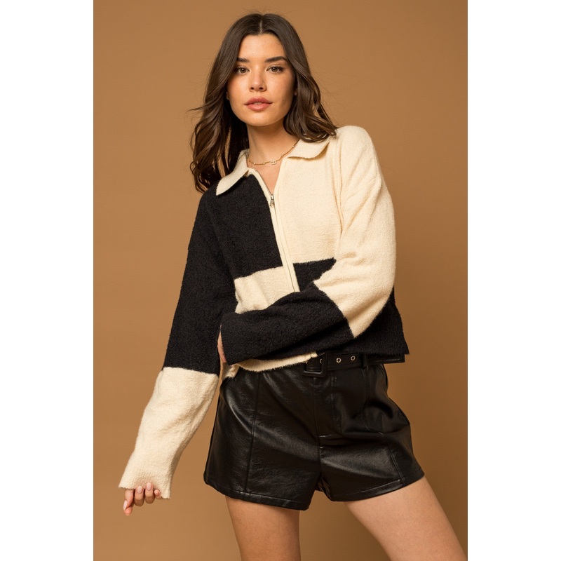 Cream-Black Check Color Block Zip-Up Knit Jacket
