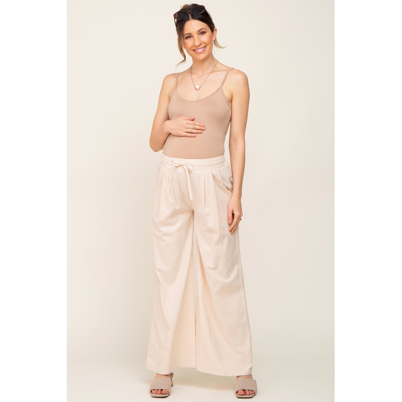 Cream Drawstring Wide Leg Maternity Pants