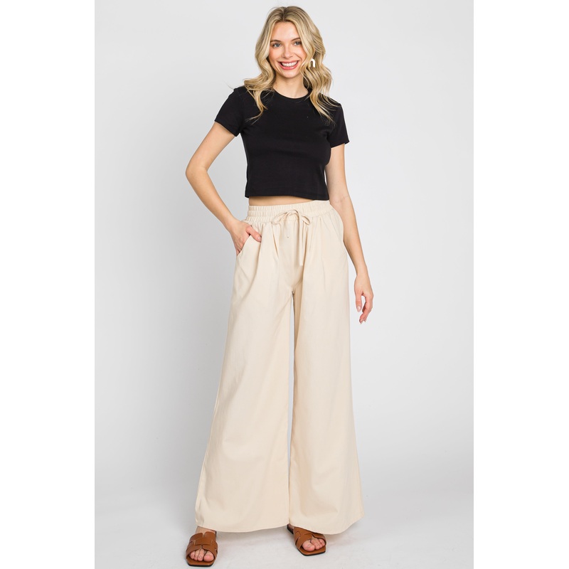 Cream Drawstring Wide Leg Pants