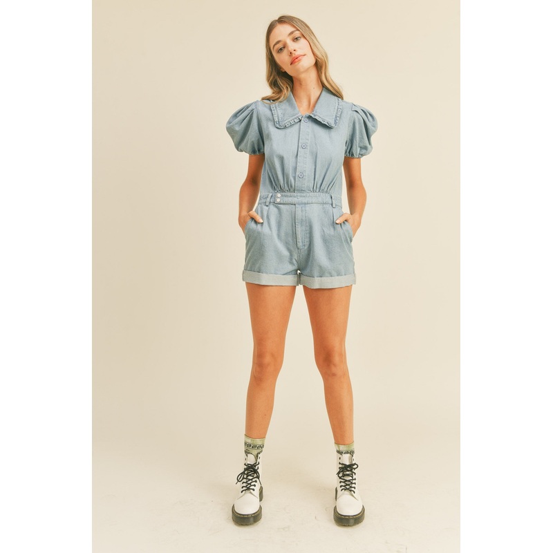 Light Denim Romper With Puff Sleeves