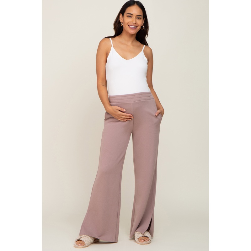 Mocha Soft Wide Leg Side Slit Maternity Sweatpants