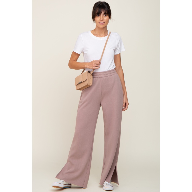 Mocha Soft Wide Leg Side Slit Sweatpants
