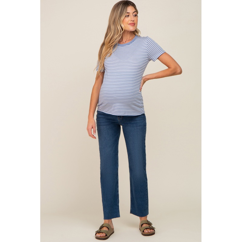 Navy Blue Raw Hem Maternity Straight Leg Jeans