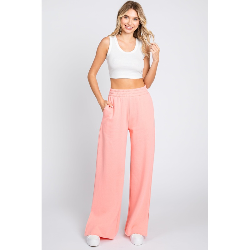 Pink Soft Wide Leg Side Slit Sweatpants