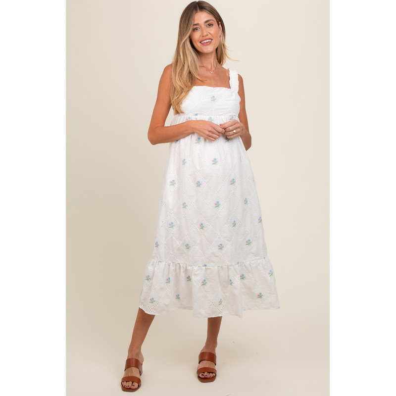 White Eyelet Floral Embroidered Back Tie Cutout Maternity Midi Dress