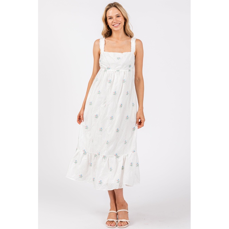 White Eyelet Floral Embroidered Back Tie Cutout Midi Dress