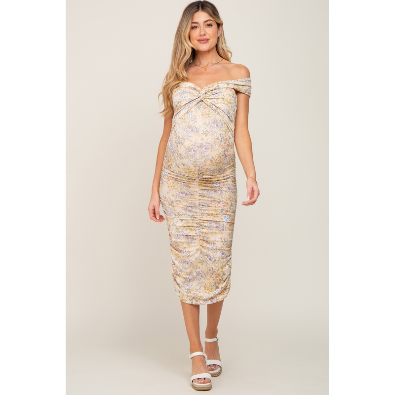 Yellow Floral Ribbed Ruched Off Shoulder Maternity Mid Dress