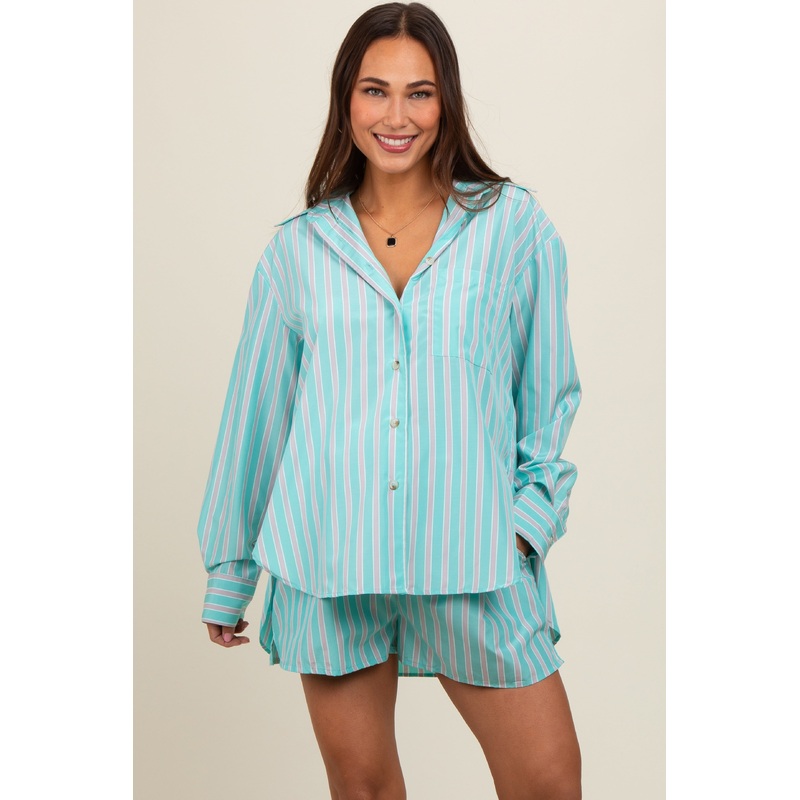 Aqua Striped Button Down Top and Short Maternity Set