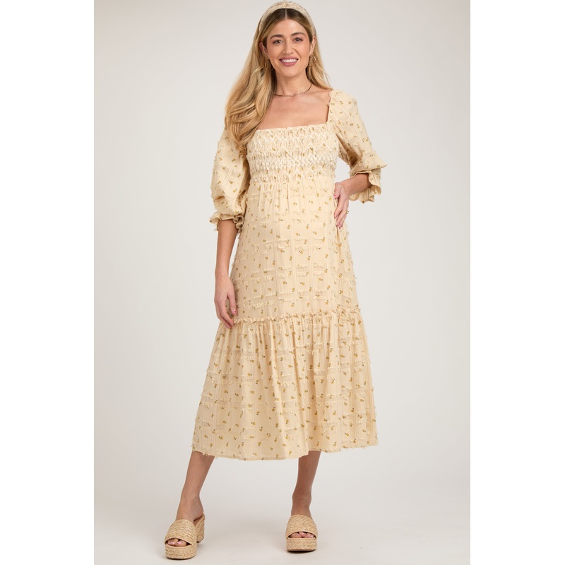 Beige Floral Square Neck Smocked Fringe Maternity Midi Dress