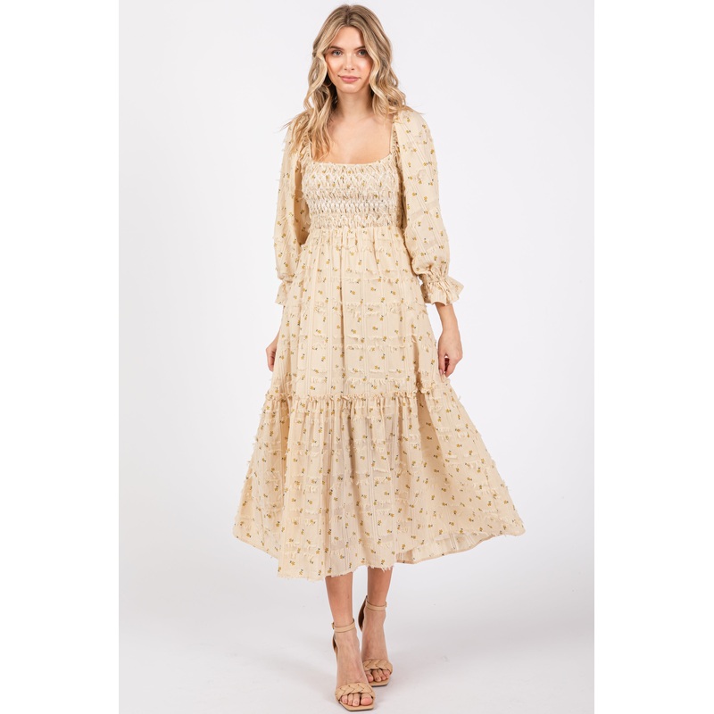 Beige Floral Square Neck Smocked Fringe Midi Dress