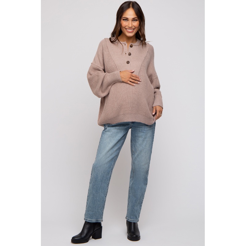 Beige Half Button Up Maternity Sweater