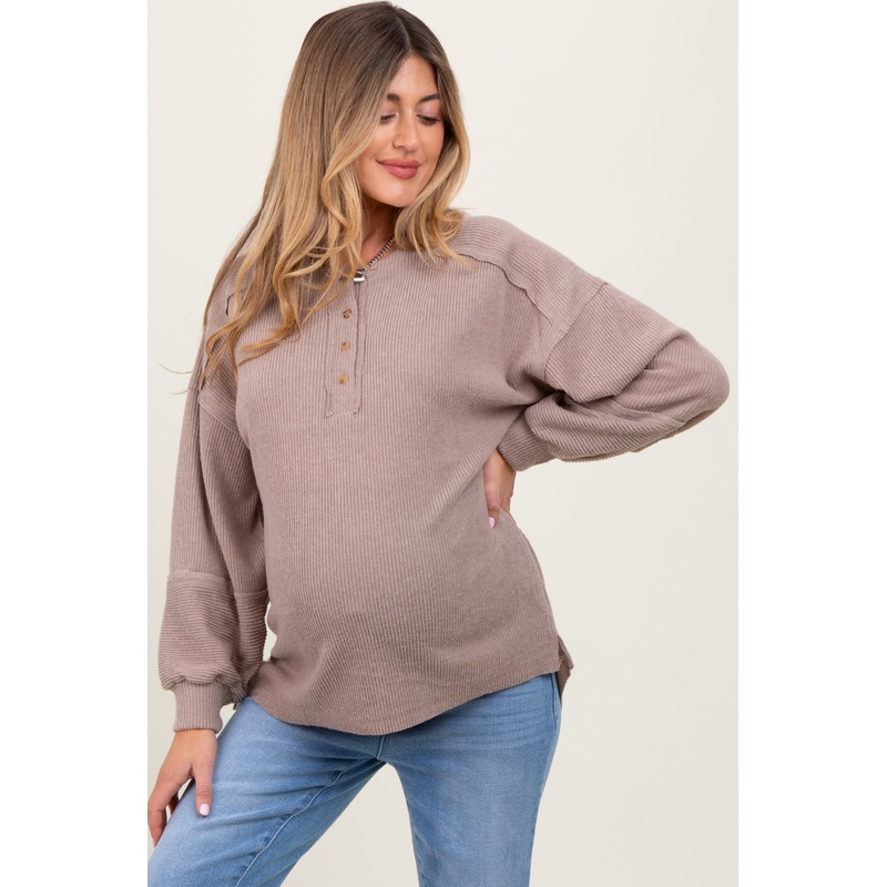 Beige Oversized Ribbed Knit Henley Maternity Sweater