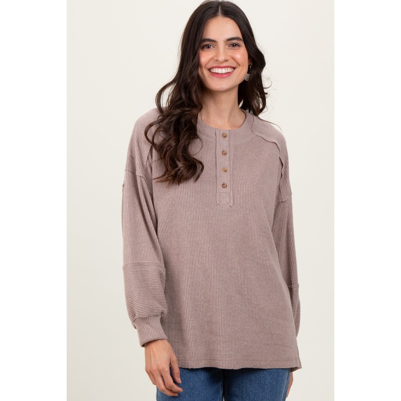 Beige Oversized Ribbed Knit Henley Sweater