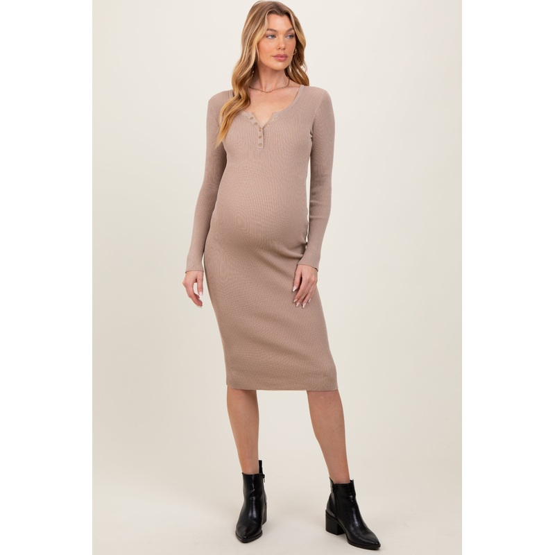 Beige Ribbed Henley Neckline Maternity Midi Sweater Dress