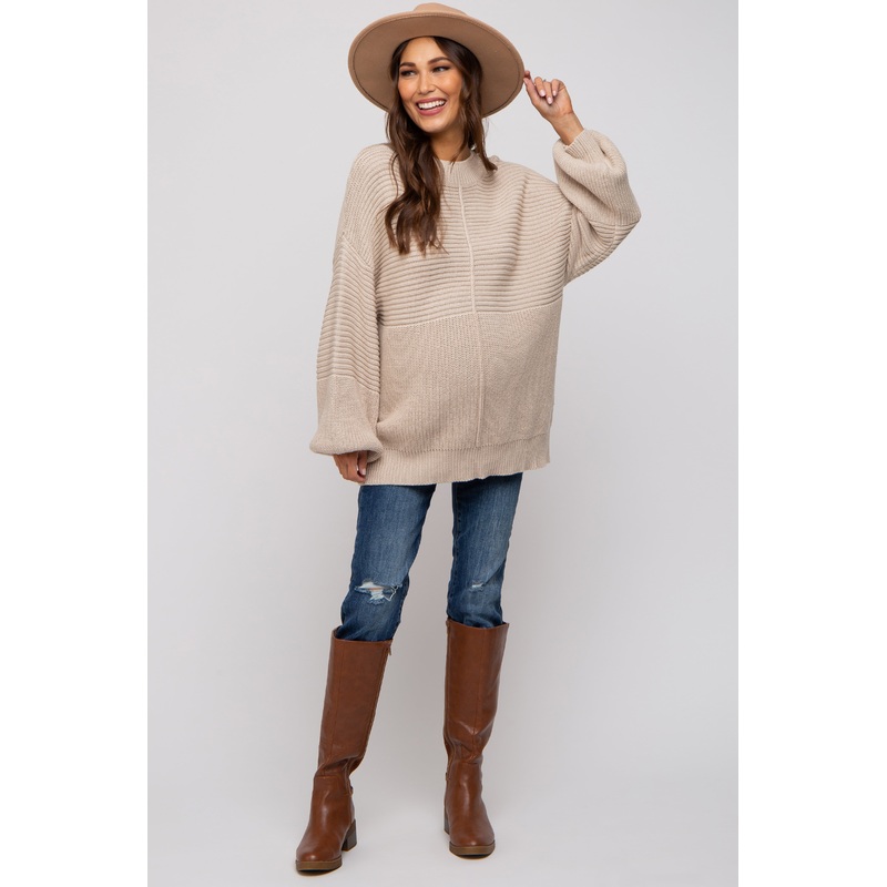 Beige Ribbed Maternity Sweater