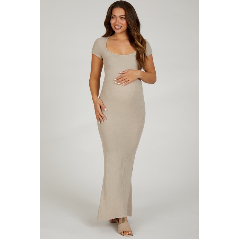 Beige Ribbed Scoop Neck Maternity Maxi Dress