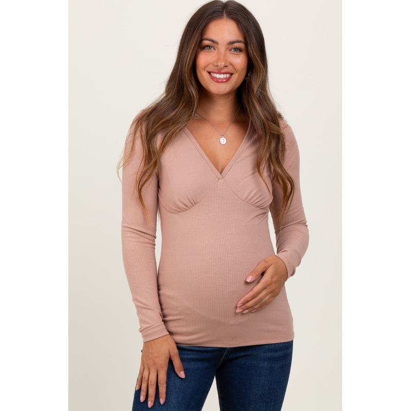 Beige Ribbed V-Neck Long Sleeve Maternity Top