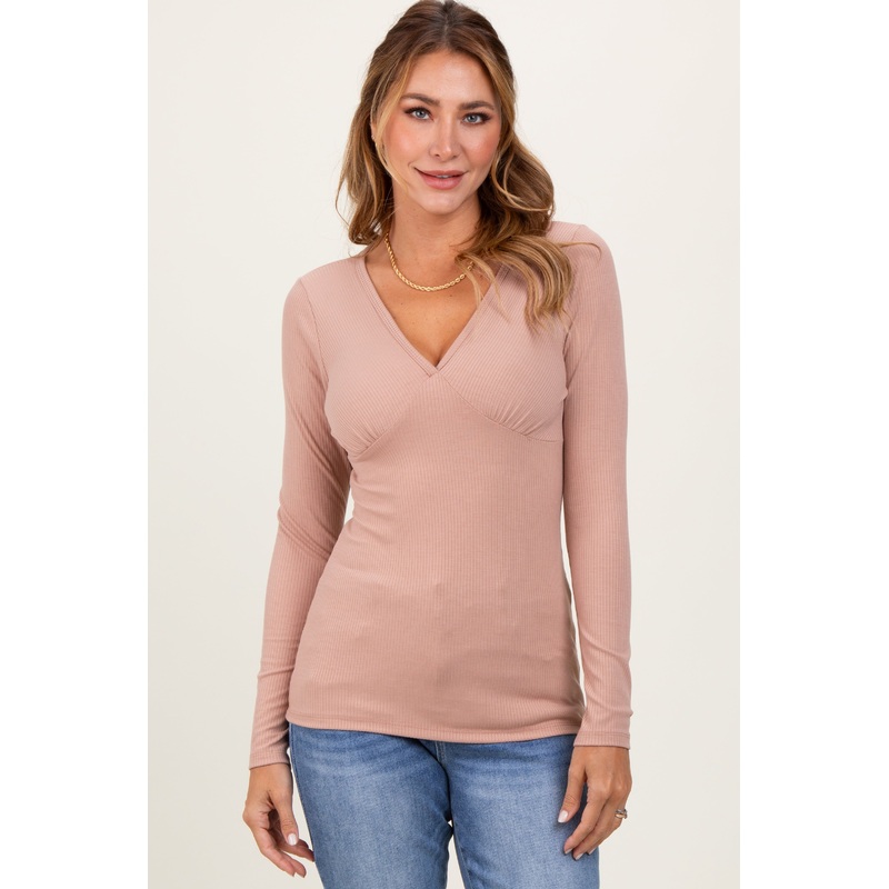 Beige Ribbed V-Neck Long Sleeve Top