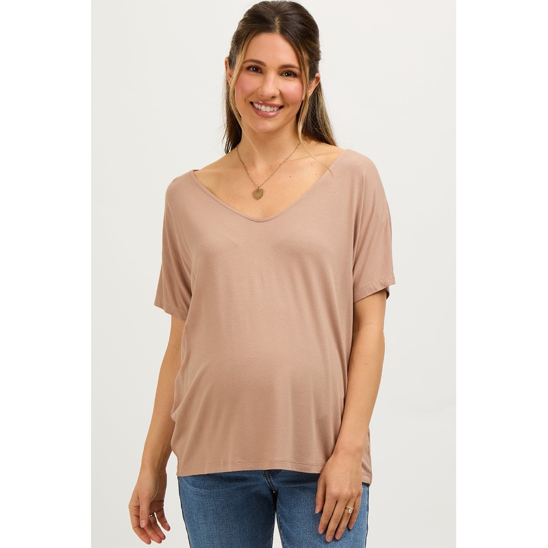 Beige Short Dolman Sleeve V-Neck Maternity Top