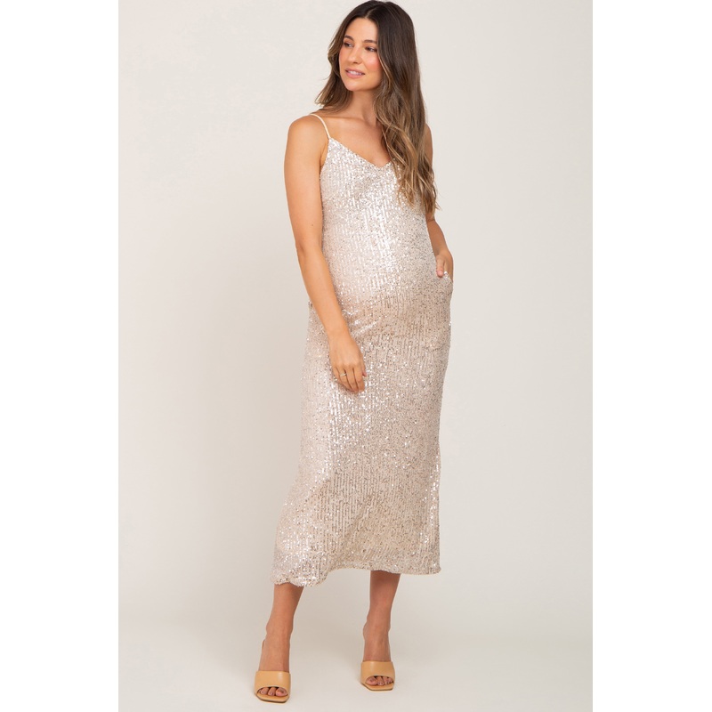 Beige V-Neck Sequin Maternity Midi Dress