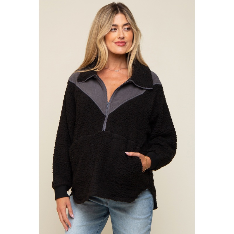 Black Colorblock Half Zip Fleece Maternity Pullover