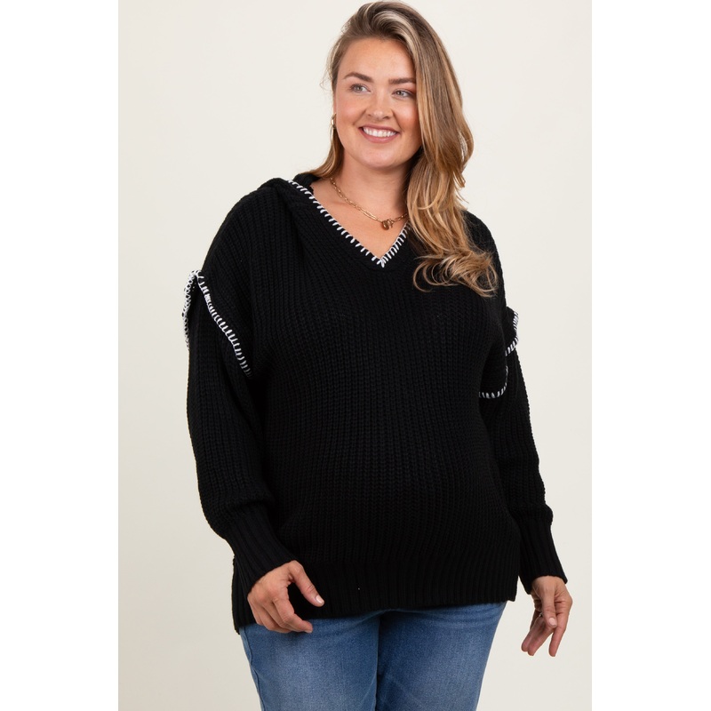 Black Contrast Stitch Hooded Maternity Plus Sweater