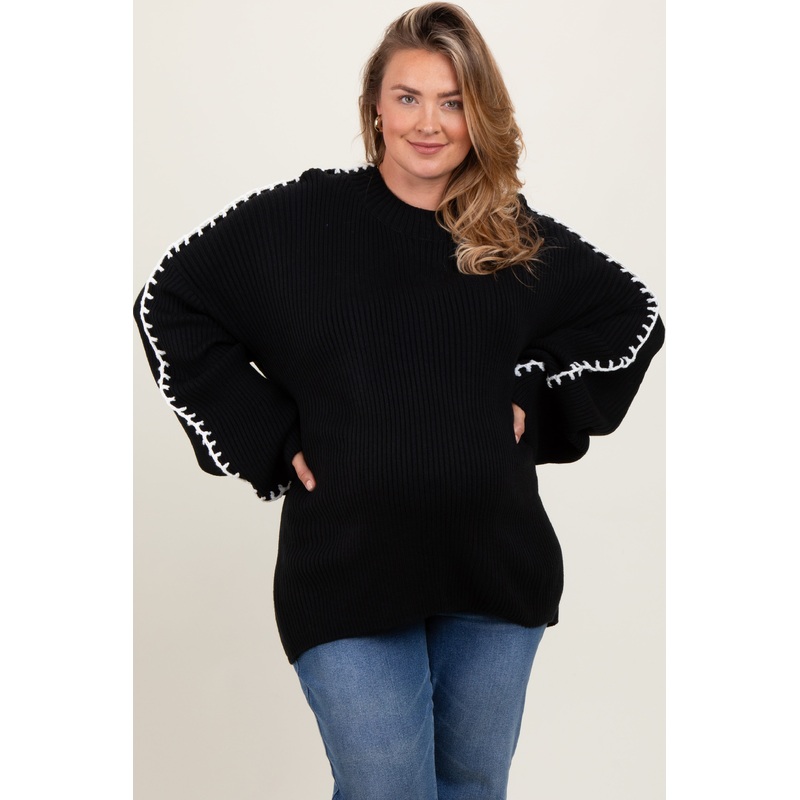 Black Contrast Stitch Maternity Plus Sweater