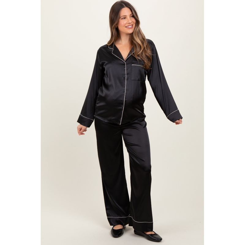 Black Satin Contrast Trim Long Sleeve Maternity Pajama Set