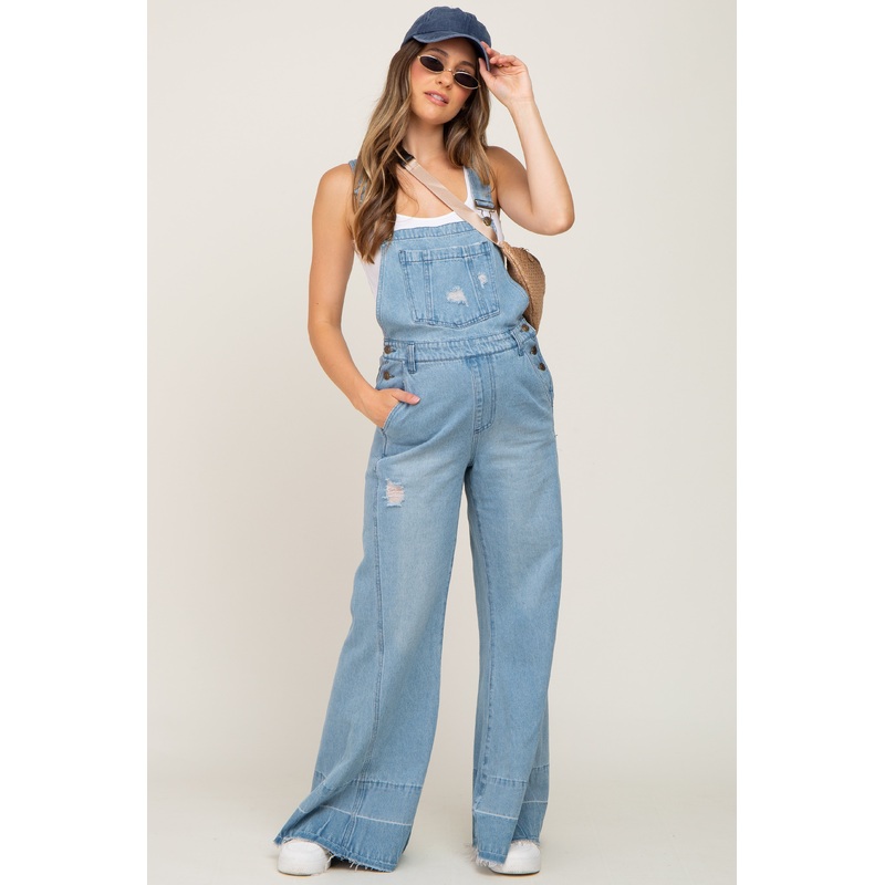 Blue Light Wash Denim Distressed Wide Leg Maternity Overalls