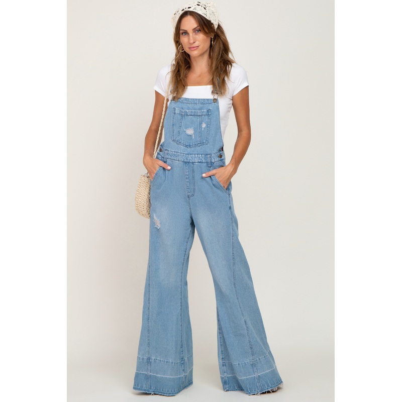 Blue Light Wash Denim Distressed Wide Leg Overalls