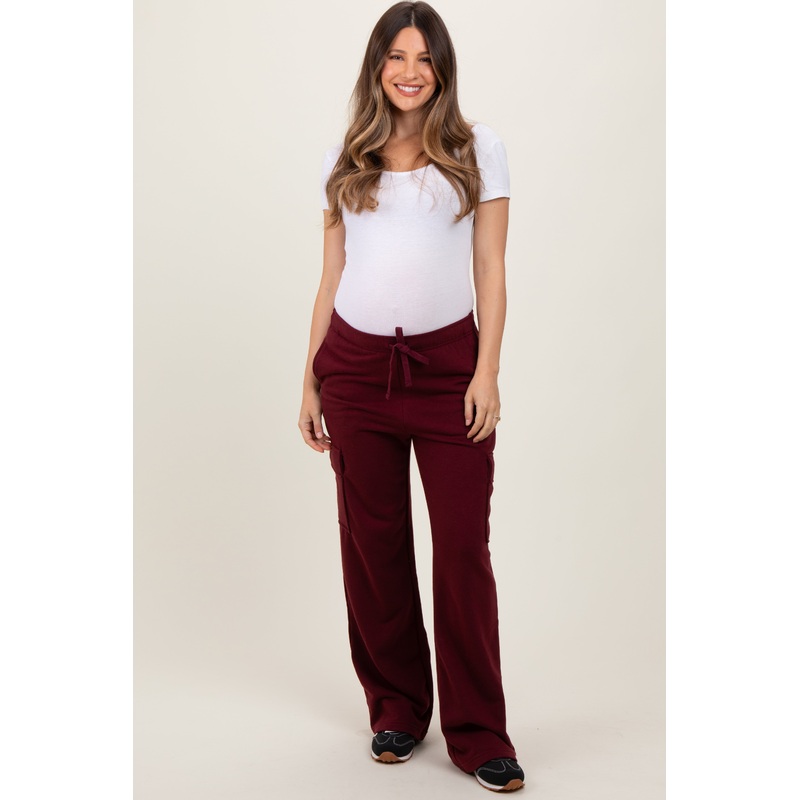 Burgundy Cargo Pocket Straight Leg Maternity Sweatpants